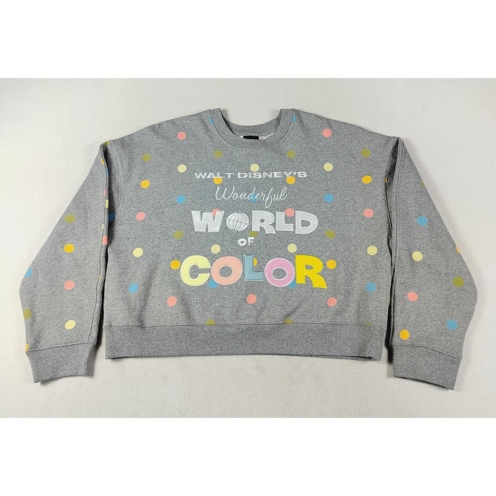 Disney 100 Sweatshirt Womens Large Gray World Of Color Polka Dot Fleece
